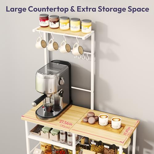 SWTYMIKI Bakers Rack with Storage - Coffee Bar Cabinet Organizer with 8 Hooks, Shelves & Cabinet Door, Coffee Station for Kitchen Dining Room, Microwave Stand with Adjustable Feet, White - Image 4