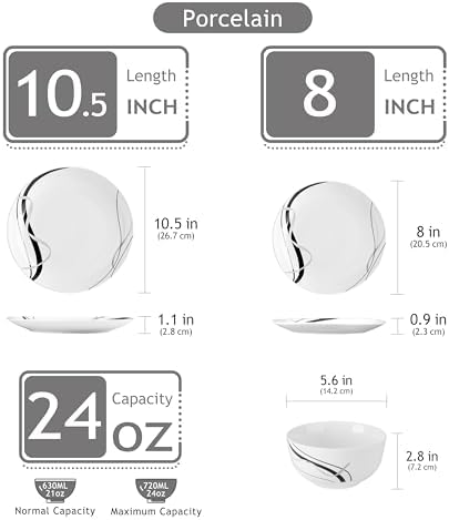 VEWEET Porcelain Dinnerware Sets for 4, 12 Piece Plates Bowls Set, FIONA - Image 2