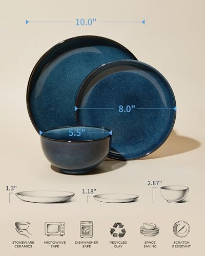 Pokini Stoneware Dinnerware Sets for 4, 12pcs Plates and Bowls Sets Dishes - Image 2