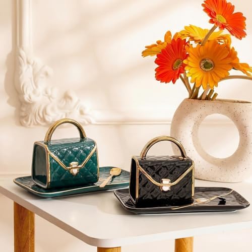 Zubebe 2 Set Coffee Mug Elegant Handbag Shaped Cup,Dark Green,Black - Image 3