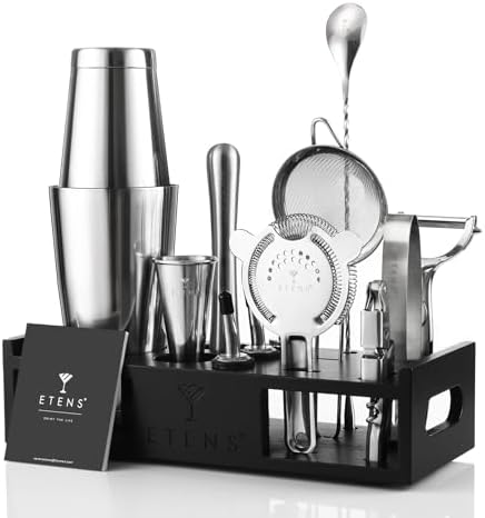 ETENS Cocktail Shaker Set Drink Mixer Bar Accessories – 15Pcs Mixology Bartender Kit Includes Boston Shaker, Japanese Jigger, Strainer, Bottle Opener, Cocktail Mixing Spoon – Handcrafted Wood Stand by Etens