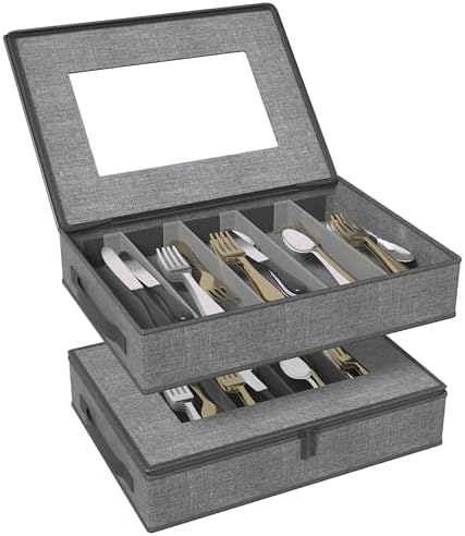 2-Pack Silverware Storage Box, Flatware Organizer with Clear Lid, Grey by Aokeyee