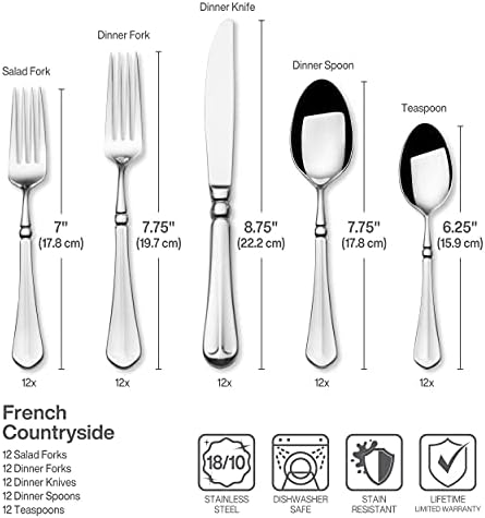 Mikasa French Countryside 65-Piece Flatware Set, Service for 12, 18/10 Stainless Steel Silverware Set with Hostess Serving Pieces, Dishwasher Safe (Pack of 2) - Image 6