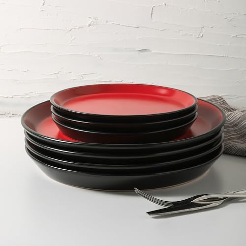 Stone Lain Albie Stoneware 32 Piece Modern Dinnerware Set, Plates and Bowls Sets, Service for 8, Red and Black, Microwave & Dishwasher Safe - Image 5