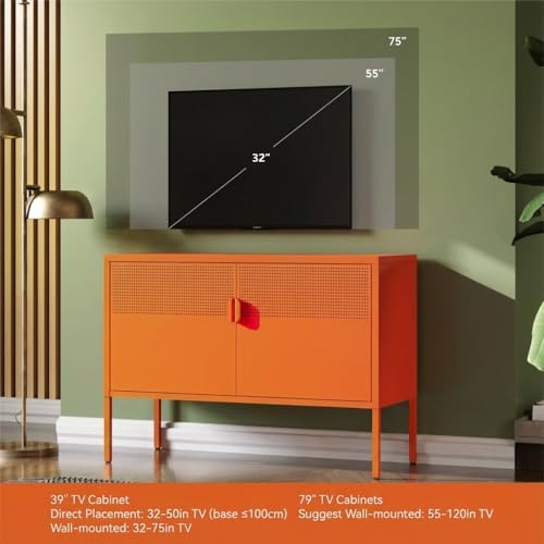 COFaR TV Stand for TVs up to 75 Inch, 40''L Media Console with Ventilation Doors, Metal Entertainment Center with Adjustable Shelves & 120Lbs Storage for Living Room & Bedroom, Orange - Image 5