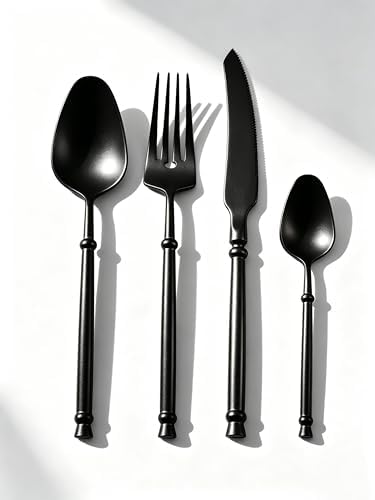 Black Silverware Set for 4 Unique 18/10 Stainless Steel 16 Piece Flatware Sets Mirror Polished Elegant Cutlery Utensils Set for Home Kitchen Dishwasher Safe Nice Weight by TWEESilverwareSet