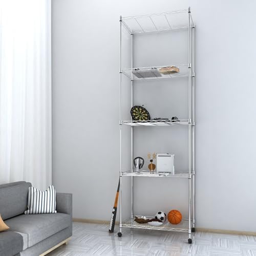 Homdox 5 Tier Steel Wire Shelving Unit on Wheels,Chrome Shelves for Garage Kitchen Living Room,Heavy Duty Shelving Rack, 23.2 x 13.8 x 72 inch (L x W x H) - Image 4