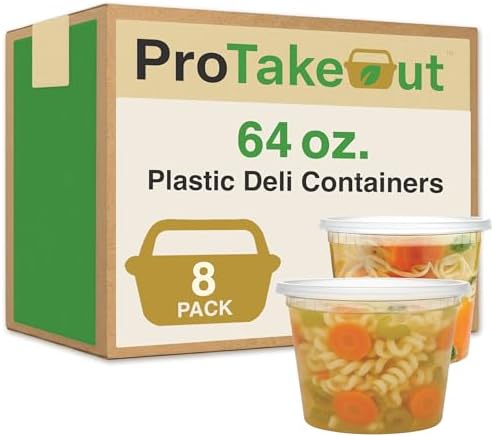 64oz [8 set] Heavy Duty Plastic Deli Container | BPA-Free Food Storage with Airtight Leak‑Proof Lids | Microwave, Freezer & Dishwasher Safe – Stackable, Bulk Reusable Soup & Meal Prep Tub by ProTakeOut