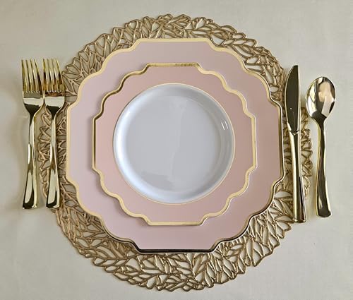 " OCCASIONS " 200 Piece set (25 Guests)-Wedding Plastic Plates & cutlery -Disposable heavyweight Dinnerware 10.5'', 8'' + Silverware + Cups + Napkins (Imperial in Blush Pink & Gold) - Image 4