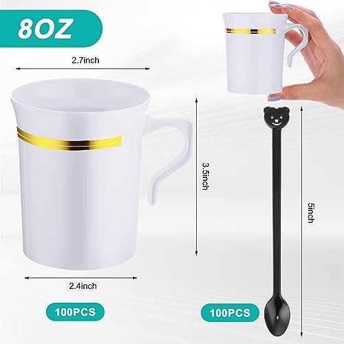 Bokon 200pcs 8oz White Plastic Tea Cups with Handle & Spoon - Image 2