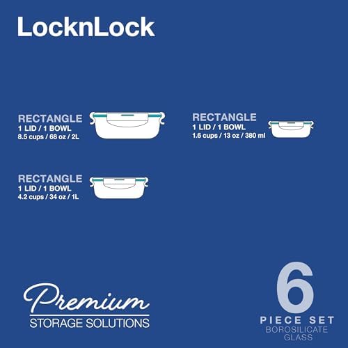 LOCK & LOCK Purely Better Glass Food Storage Container Set, 6 Piece, Clear - Image 2