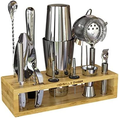 Highball & Chaser 13-Piece Boston Cocktail Shaker Set Stainless Steel Mixology Bartender Kit With Stand For Home Bar Cocktail Set | Laser Engraved Cocktail Tools | Plus E-Book with 30 Cocktail Recipes by HighballChaser