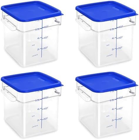 4 Pack Food Storage Containers with Blue Lids, 8.0 Qt - Square, Clear, Polycarbonate, for Restaurant Commercial Kitchen and Home party by TSUBOR