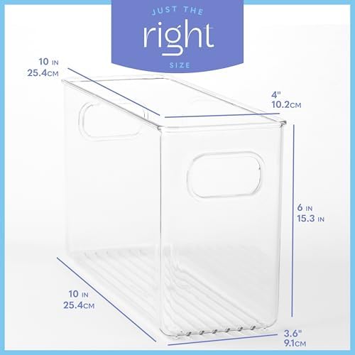 Plastic Food Storage 4 Pack Clear Container Bin with Handles for Organizing Kitchen, Pantry, Refrigerator, Freezer, Pantry, Cabinet, Closet, Bathroom. 10”x4”x6” - Image 3