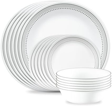 Corelle Vitrelle 18-Piece Service for 6 Dinnerware Set Triple Layer Glass and Chip Resistant, Lightweight Round Plates and Bowls Set, Mystic Gray by Corelle