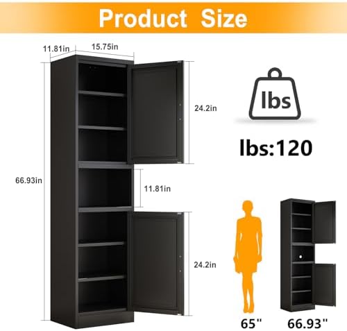 Ckzbx Tall Narrow Storage Cabinet 66.93" H Tall Bathroom Cabinet Metal Pantry Cabinets, 4 Adjustable Shelves for Kitchen, Home Office, Living Room, Dinning Room (16 inches Wide Black) - Image 3