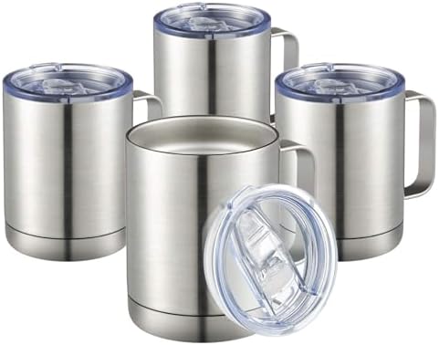 MEWAY 12oz Coffee Mug With Handle 4 Pack Bulk,Stainless Steel Insulated Travel Tumblers With Sliding Lid,Double Wall Vacuum Camping Cup for Hot & Cold Drinks Tea (Sliver,Set of 4) by MEWAY