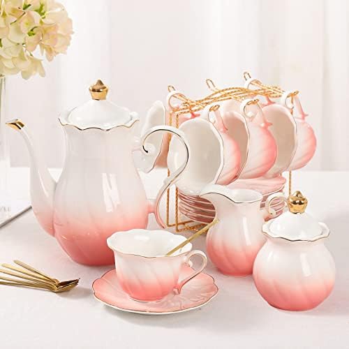 DUJUST 22 pcs Porcelain Tea Set for 6, Luxury British Style Tea/Coffee Cup Set with Golden Trim, Beautiful Tea Set for Women, Tea Party Set, Gift Package (With a Stand) - Gradient Pink by DUJUST