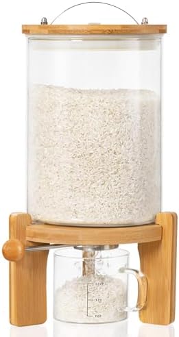 HBlife 5-7 Lbs Glass Rice Dispenser with Wooden Stand Flour and Cereal Container with Glass Measuring Cup Pantry Food Organization Storage Bin with Airtight Bamboo Lid, 3L by HBlife