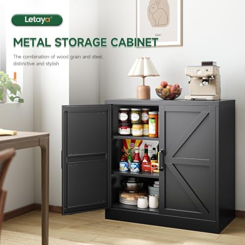 Letaya 36" Metal Storage Cabinet,BlackSmall Kitchen Pantry,Office Credenza - Image 4