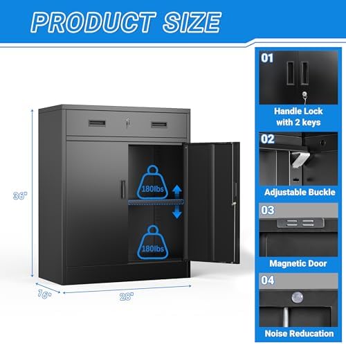 BESFUR Metal Storage Cabinet with Doors and Shelves, 36" H Locking Storage Cabinet with 1 Drawers, Reinforced Heavy Duty Metal Cabinets for Garage, Office, Home(Black) - Image 3