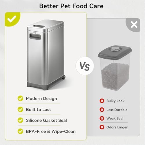 EKO 45 lb Airtight Dog Food Storage Container, Stainless Steel Pet Food Container for Kibble, Cat Food & Bird Seed, Lockable Lid, Magnetic Scoop, BPA-Free Inner Bucket, Wheels - Image 5