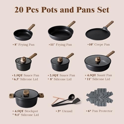 SENSARTE 20Pcs Nonstick Pots and Pans Set, Black Titanium Cookware Set - Image 2