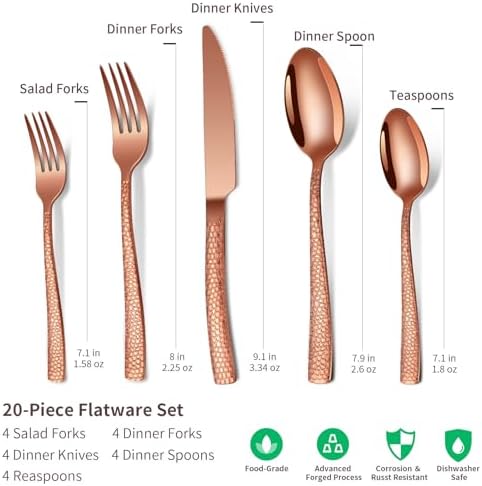40-Piece Silverware Set, Rose Gold Hammered Stainless Steel Flatware Sets for 8, Food-Grade Tableware Set, Including Fork Knife Spoon Set, Home Kitchen Cutlery Sets, Dishwasher Safe - Image 2