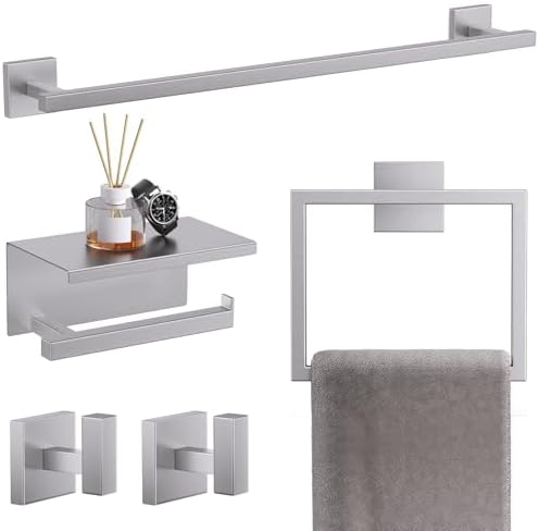 TQKAG 5-Pieces Brushed Nickel Bathroom Hardware Accessories Set 23.6" SUS304 Stainless Steel Towel Bar Set Wall Mounted Square Toilet Paper Holder with Shelf by TQKAG