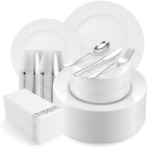 700-Piece White Swirls Plastic Dinnerware Set for 100 Guests, Elegant Disposable Dinnerware for Party, Wedding. Includes 10.25" Dinner Plates, 6.5" Dessert Plates, Silverware, Napkins, Cups by VajilaPhil