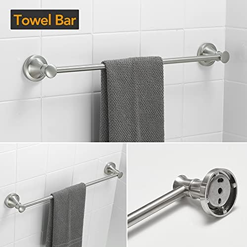 BESy Brushed Nickel 4 Piece Bathroom Accessories Set (Single Towel Bar, Towel Ring, Toilet Paper Holder, Double Towel Hooks), Wall Mounted Bath Hardware Accessory Fixtures Rack Set - Image 2