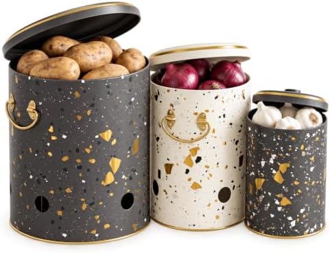 MARIA ROMA Metal Potato and Onion Storage Bin Set of 3 with Garlic Keeper - Vintage Metal Kitchen Canisters, Vegetable Storage Containers - Farmhouse Rustic Pantry Organization by MARIAROMA