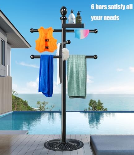 Pool Outdoor Towel Rack, 6 Bars with Top Tray Metal Heavy Duty Pool Accessories with Heavy Metal Base, Hot Tub Accessories Towel Dying Rack Towel Stand for Pool, Hot Tub etc - Image 2