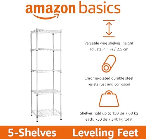 Amazon Basics 5-Shelf Tower Adjustable Storage Shelving Unit, Chrome, 16" x 16" x 54", 150 lbs Per Shelf - Image 2