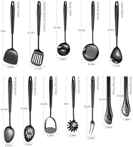 304 Stainlss Steel Matte Kitchen Utensils Set, 12 Pcs Long Metal Cooking Utensil Gadgets Tools Set with Spatula, Ladle, Spoon, Ladle, Skimmer, Tunner, Pasta Server, Tongs(Black, Dishwasher Safe) - Image 6