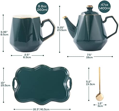 DUJUST 14 pcs Tea Set of 6 with Tray & Spoons, Modern Diamond Design Tea/Coffee Cup Set with Golden Trim, Chic Porcelain Living Room Decor, Fine-China Teapot Party Set, Gift Package - Green - Image 5