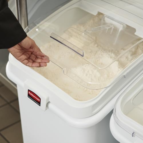 Rubbermaid Commercial Products ProSave Shelf-Storage Ingredient Bin With Scoop, 600-Cup capacity, Plastic, White, Sliding Lid, Container with Wheels for Kitchen/Restaurant Food Organization - Image 3