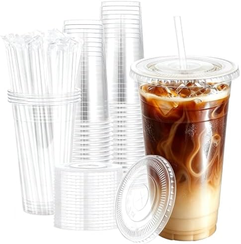50 Pack 24oz Clear Plastic Iced Coffee Cups with Lids & Straws by Huifany