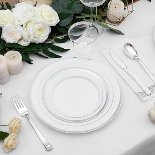 350-Piece Silver Rim Plastic Dinnerware Set for 50 Guests, Elegant Disposable Dinnerware for Party, Wedding, Includes Dinner Plates, Dessert Plates, Silverware, Napkins, Cups - Image 3