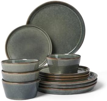Pokini Ceramic Plates and Bowls Sets for 4, 12pcs Dinnerware Sets, Dish Set by Pokini