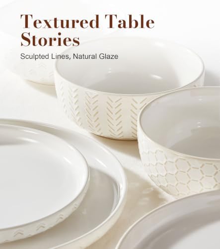 Lareina 18 Piece Dinnerware Sets for 6, Farmhouse Style Stoneware Plates and Bowls Sets, Embossed Boho Ceramic Dish Set, Scratch Resistant & Dishwasher Safe, Ivory White - Image 4