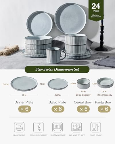 Famiware Star Stoneware Dinnerware Sets with Pasta Bowls, 24pc Dishes for 6 - Image 3