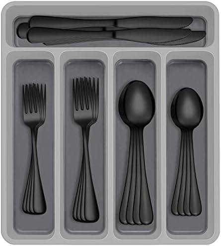 60-Piece Black Silverware Set with Organizer, AIVIKI Stainless Steel Flatware for 12, Cutlery Utensil Set for Home Restaurant, Tableware Includes Knife Fork Spoon Set, Mirror Polished by AIVIKI
