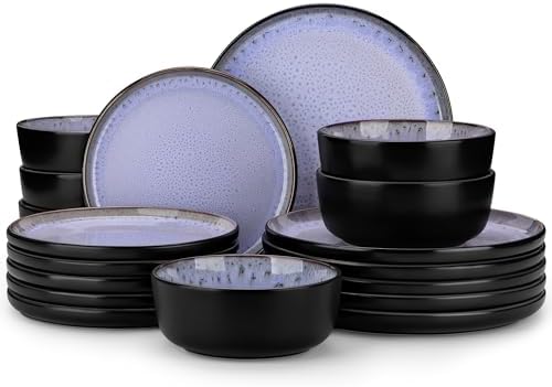 vancasso Plates and Bowls Sets, 18 Pieces Stoneware Dinnerware Sets for 6, Kitchen Dish Set Mircowave and Dishwasher Safe Dinner Set Ceramic Dishware, Light Purple, Series AMBER by vancasso