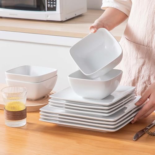 vancasso Soho Dinnerware Sets 12 Pieces, White Stoneware Square Place Setting, Dinner Plate, Dessert Plate, Bowls Service for 4 - Image 5