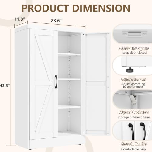 White Metal Storage Cabinet, 43" Kitchen Pantry Cabinets for Office - Image 2