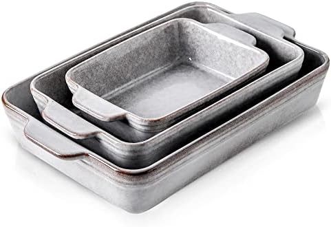 KOOV Bakeware Set, Ceramic Baking Dish Set, Rectangular Casserole Dish Set, Lasagna Pan, Baking Pans Set for Cooking, Cake Dinner, Kitchen, 9 x 13 Inches, Reactive Glaze 3-Piece, Variable Grey by KOOV
