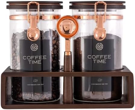 Glass Coffee & Sugar Canister Set, 2×45OZ Airtight Glass Storage Jars with Wooden Shelf and Scoop, Airtight Food Containers for Coffee Beans, Ground Coffee, Sugar and Tea（Rose Gold） by Flmeyaza