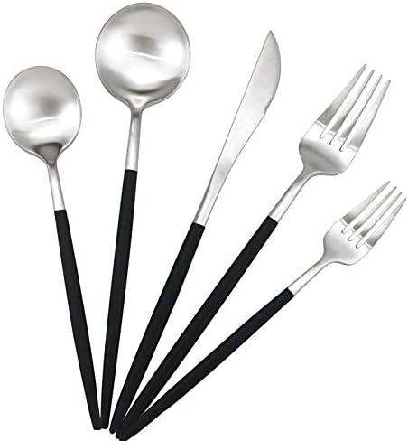 Black Handle Matte Silver Silverware Set - 5-Piece 18/10 Stainless Steel Satin Finish Flatware, Kitchen Utensils, Tableware Travel Cutlery for Camping Office Lunch - Dishwasher Safe by Gugrida