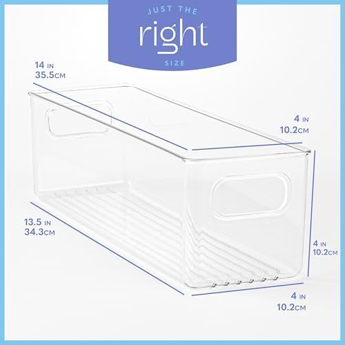 Plastic Food Storage 2 Pack Clear Container Bin with Handles for Organizing Kitchen, Pantry, Refrigerator, Freezer, Pantry, Cabinet, Closet, Bathroom. 14”X4”x4” - Image 3